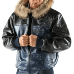 Pelle Pelle Black and Blue Fur Hood Leather Jacket