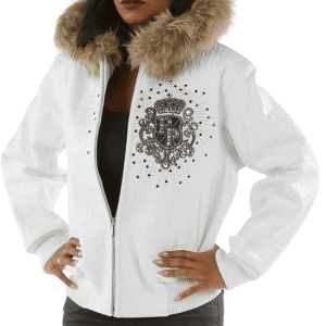 Pelle Pelle White Womens Fur Hood Leather Jacket